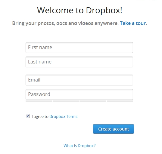 Регистрация на сайте Dropbox