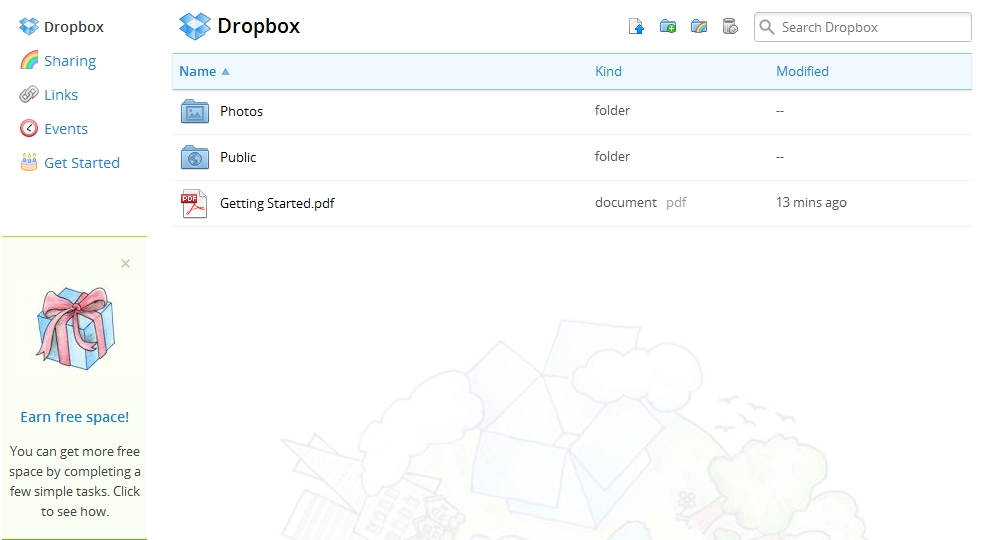 Интерфейс аккаунта Dropbox на сайте